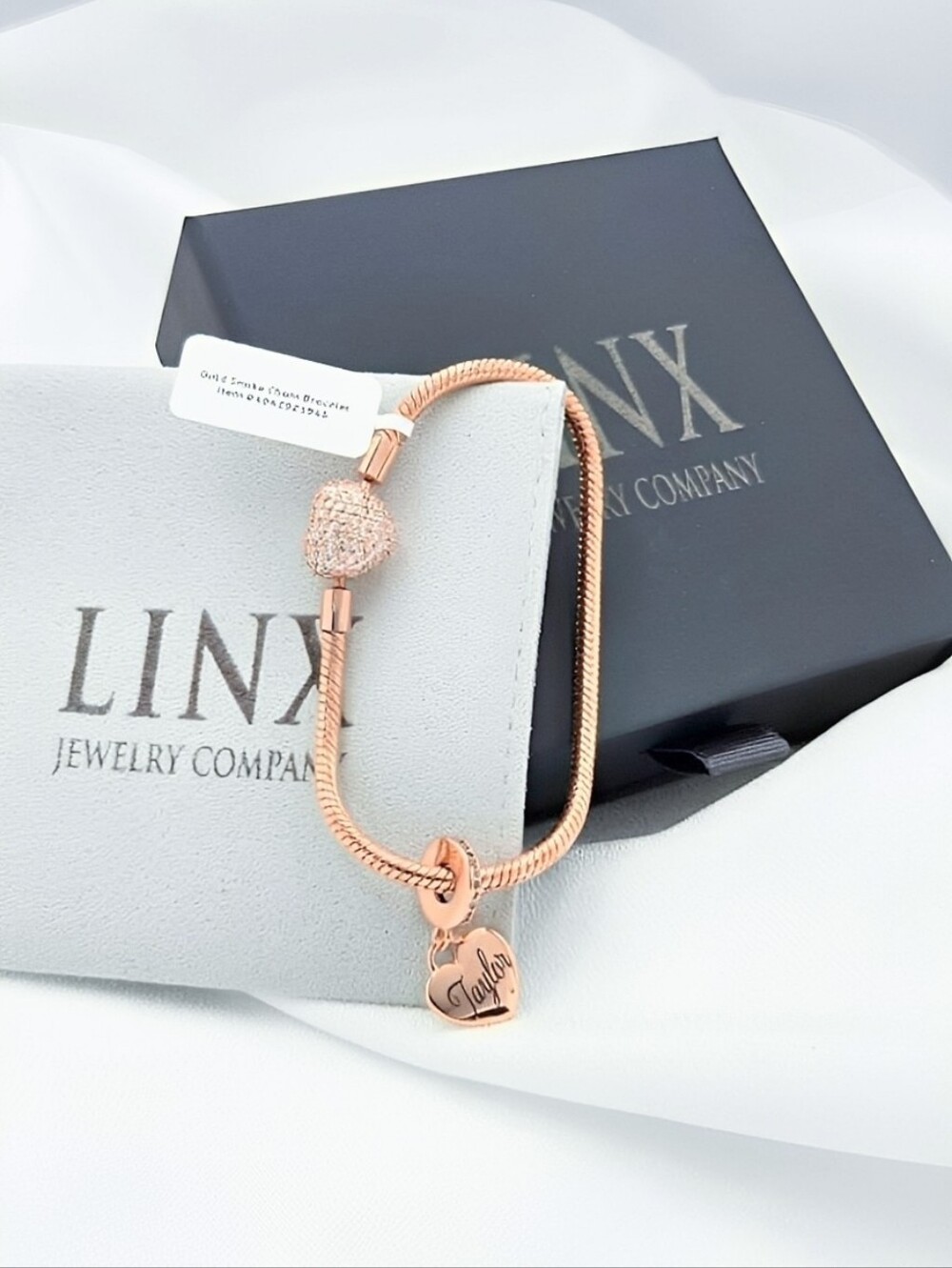 Linx Rose Gold Snake Chain Bracelet Heart Clasp & Personalized Name Heart Charm